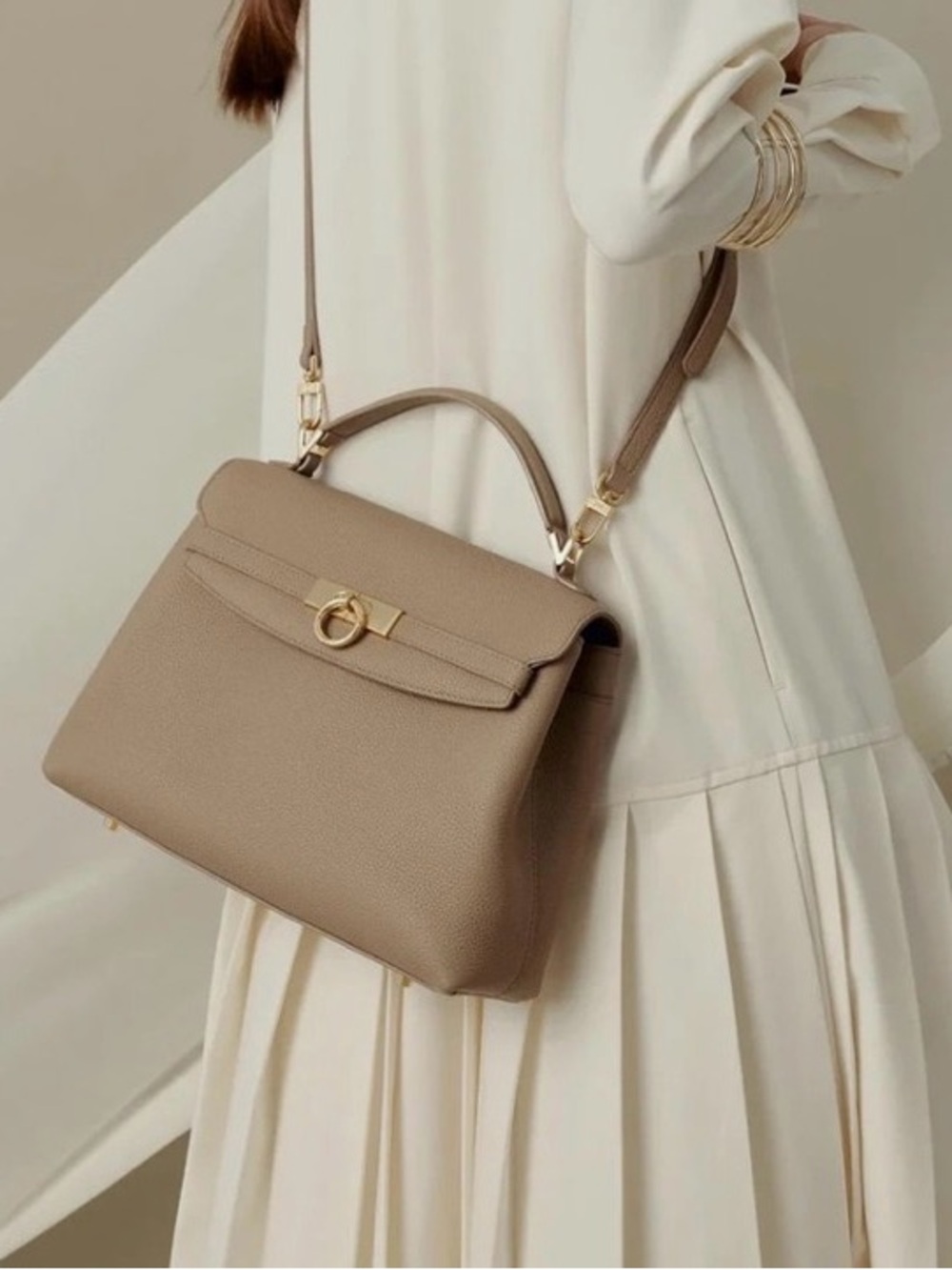 Classic Top-Handle Satchel in Taupe with Gold Hardware - Picture 2 of 6
